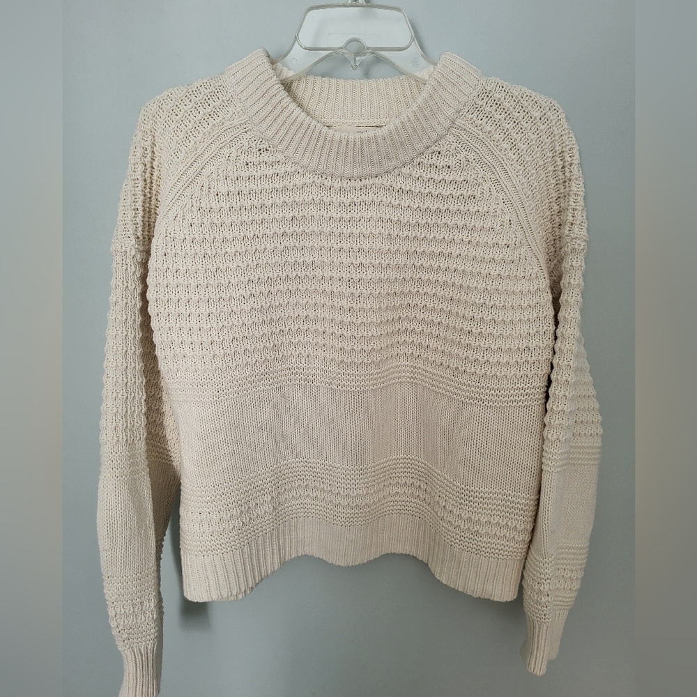 Women Large Cable Knit Crew Neck Long Sleeve Cream‎ Beige Sweater